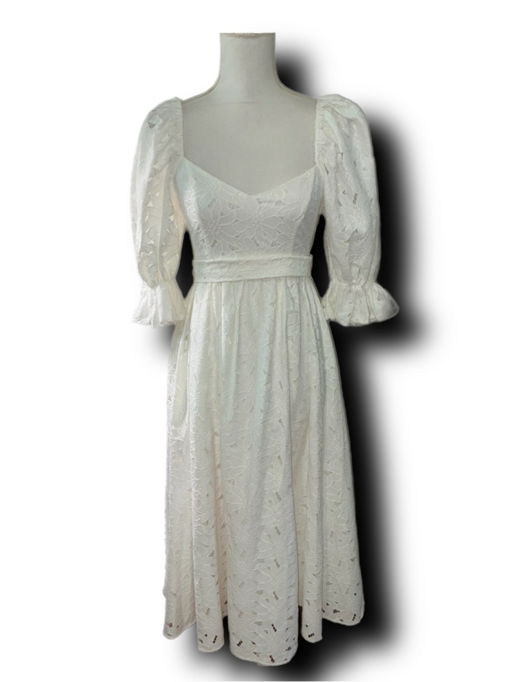 NWT Aura Cottagecore White Eyelet Puff-Sleeve Sweetheart Midi Dress Romantic